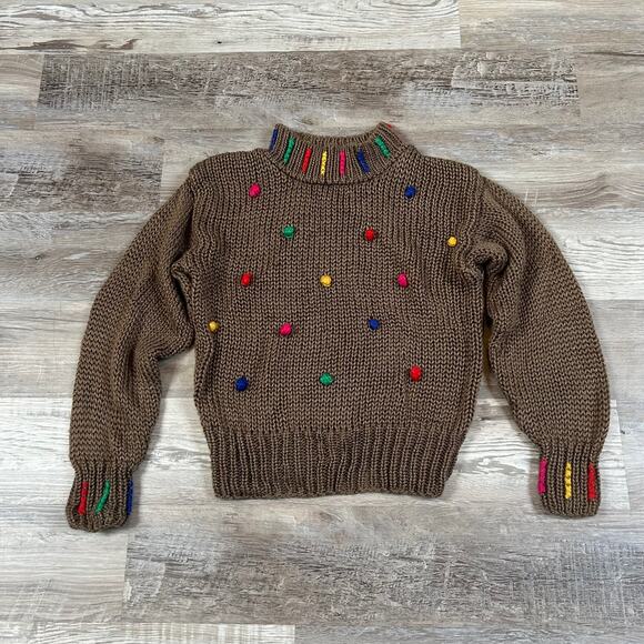 Vintage 90s Knit Sweater Brown Rainbow Nubby Pullover Chunky Acrylic M - Picture 1 of 8